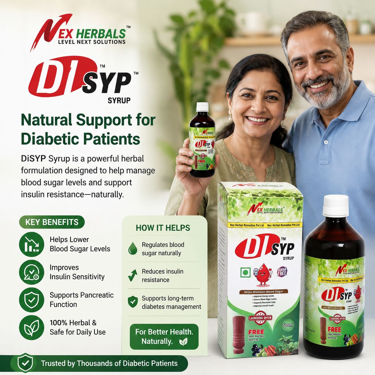 Disyp Syrup detailed benefits chart — helps lower blood sugar levels, improves insulin sensitivity, supports pancreatic function, 100% herbal and safe for daily use
