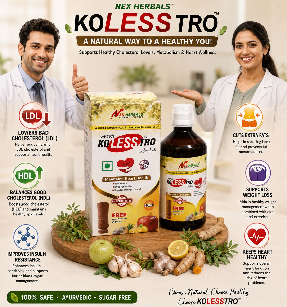 Kolesstro Syrup detailed benefits chart — lowers bad cholesterol, balances good cholesterol, improves insulin resistance, cuts extra fats, supports weight loss, keeps heart healthy