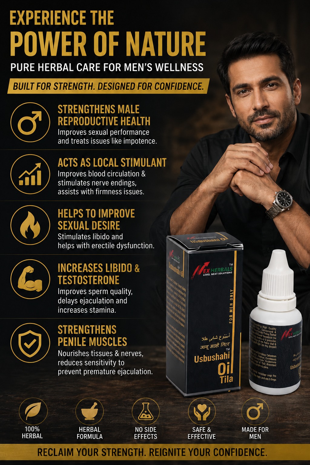 Usbushahi Oil detailed benefits chart — strengthens male reproductive health, acts as local stimulant, helps improve sexual desire, increases libido and testosterone, strengthens penile muscles